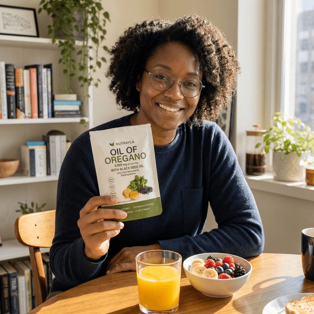 Morning routine at the dining table with a NUTRAYLA oregano pouch