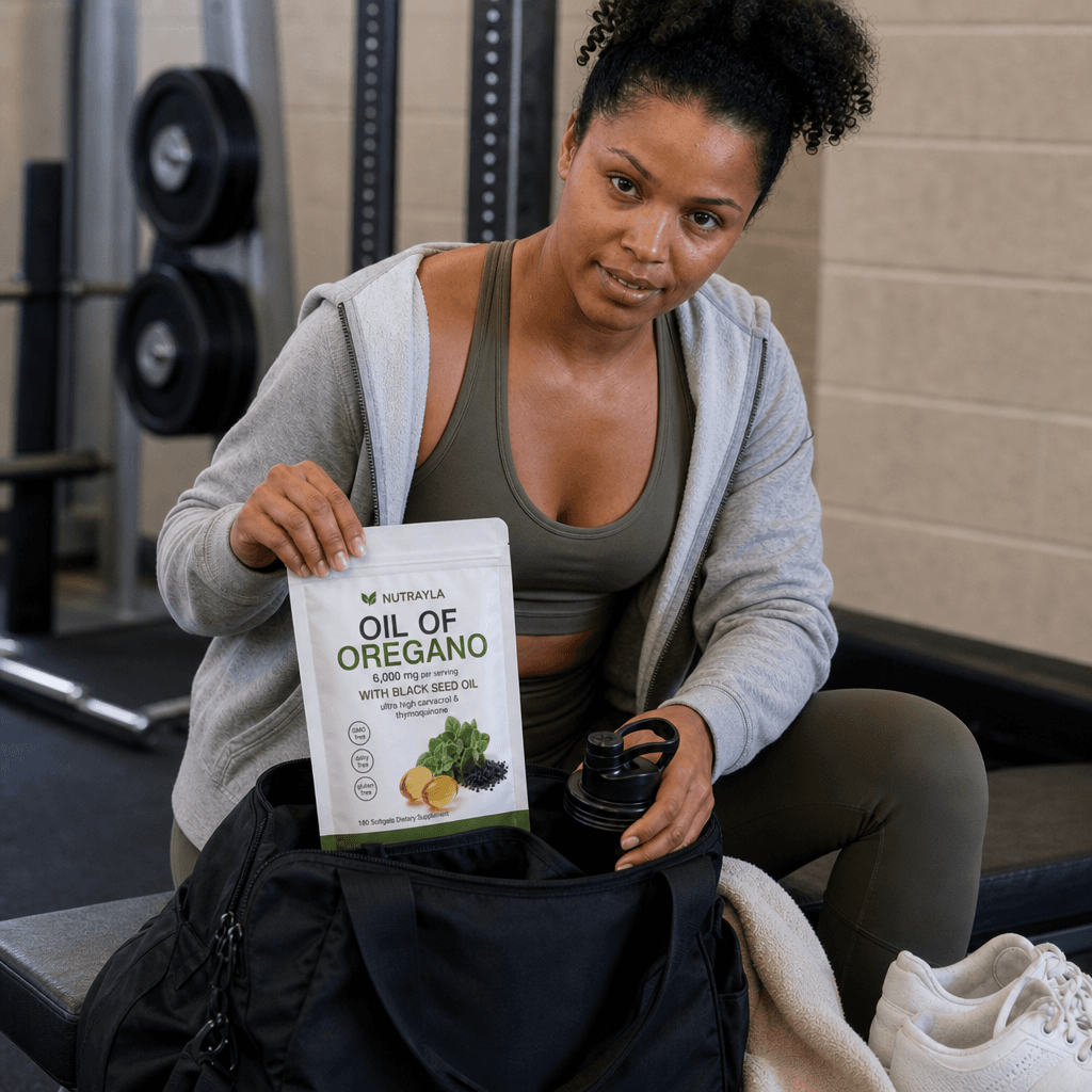 Gym bag moment looking to camera with a NUTRAYLA oregano pouch