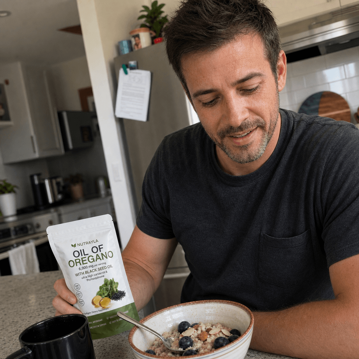Candid breakfast moment with a NUTRAYLA oregano pouch at home