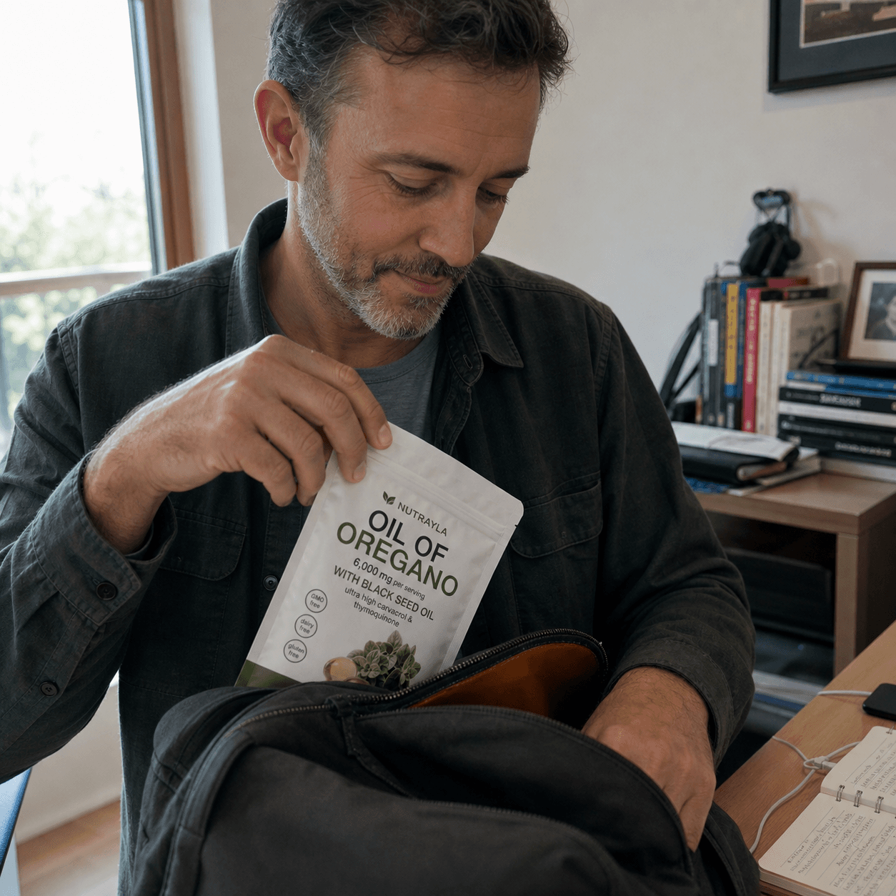 Candid morning moment packing a NUTRAYLA oregano pouch into a work bag