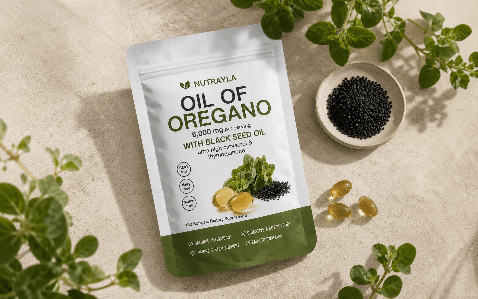 NUTRAYLA pouch with oregano leaves, black seeds, and golden softgels