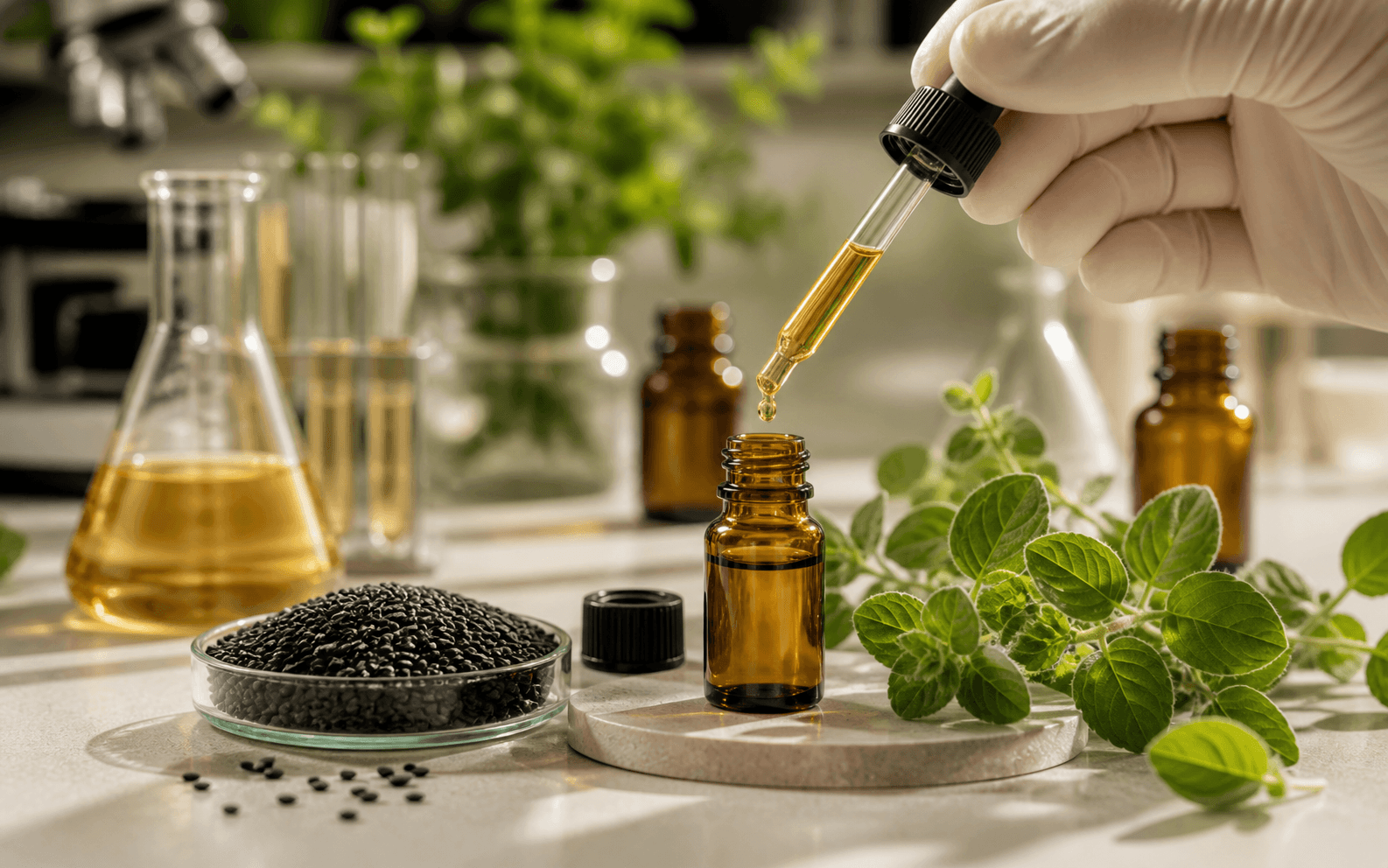 Oregano oil and black seeds on a bright botanical lab bench