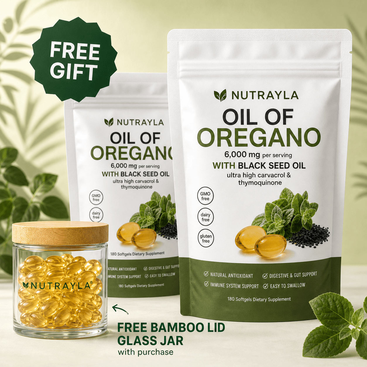NUTRAYLA® oregano softgel pouches and bamboo-lid gift jar