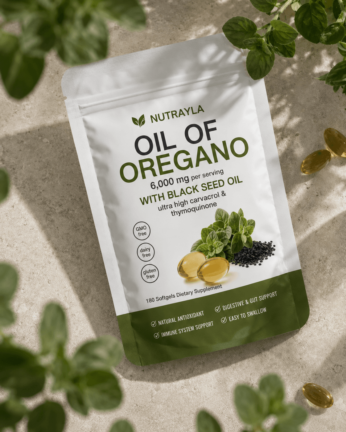 NUTRAYLA® oregano softgel pouch in a botanical setting